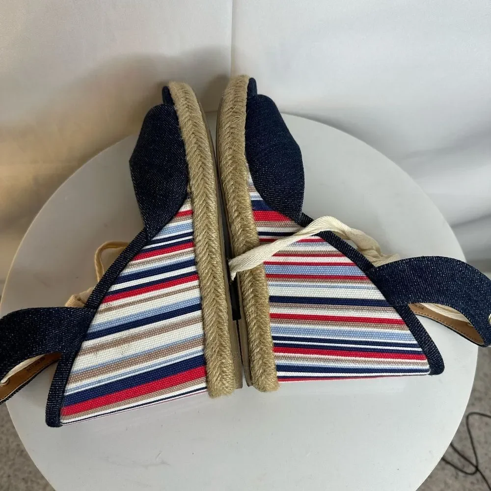 Charming Charlie Denim Espadrille Red/Blue/white Striped Wedge Sandals Size 9